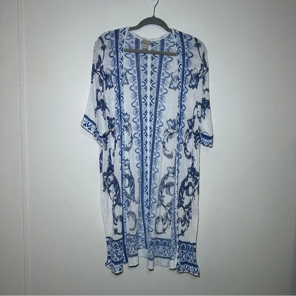 Chico’s Blue White Boho Lightweight Gauzy Longline Open Front Cardigan Kimono
